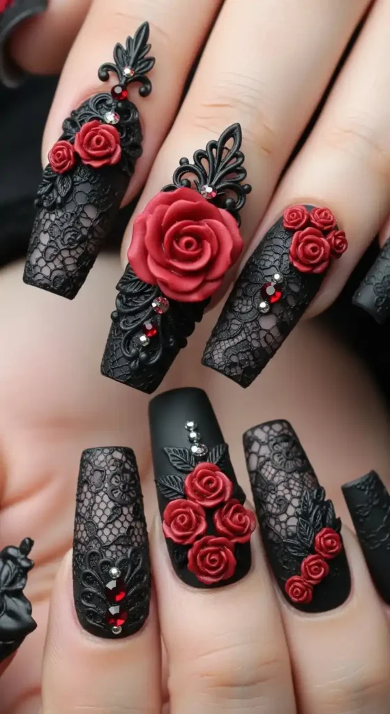 black-lace-and-3d-rose-gothic-nails