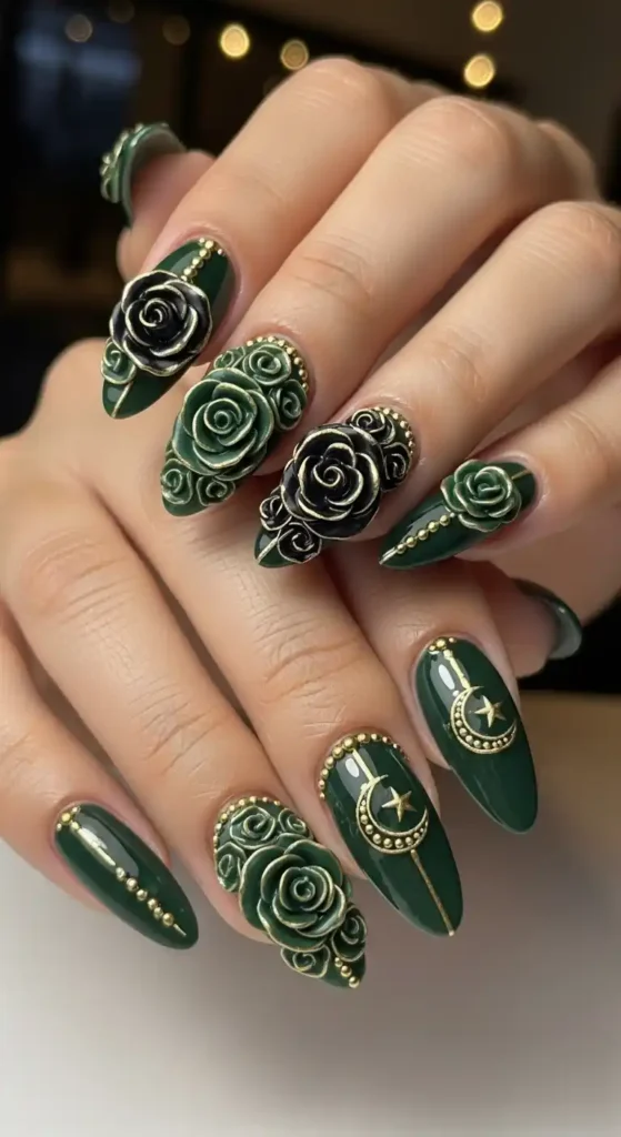 dark-green-and-black-3d-rose-nails-with-gold-accents