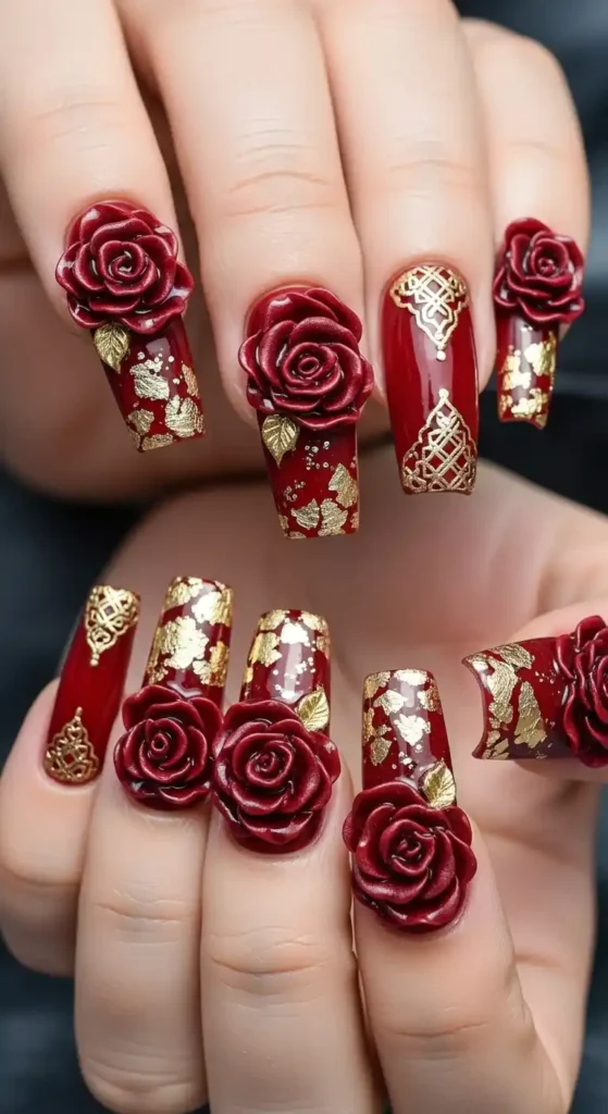 dark-red-3d-rose-nails-with-gold-leaf-accents