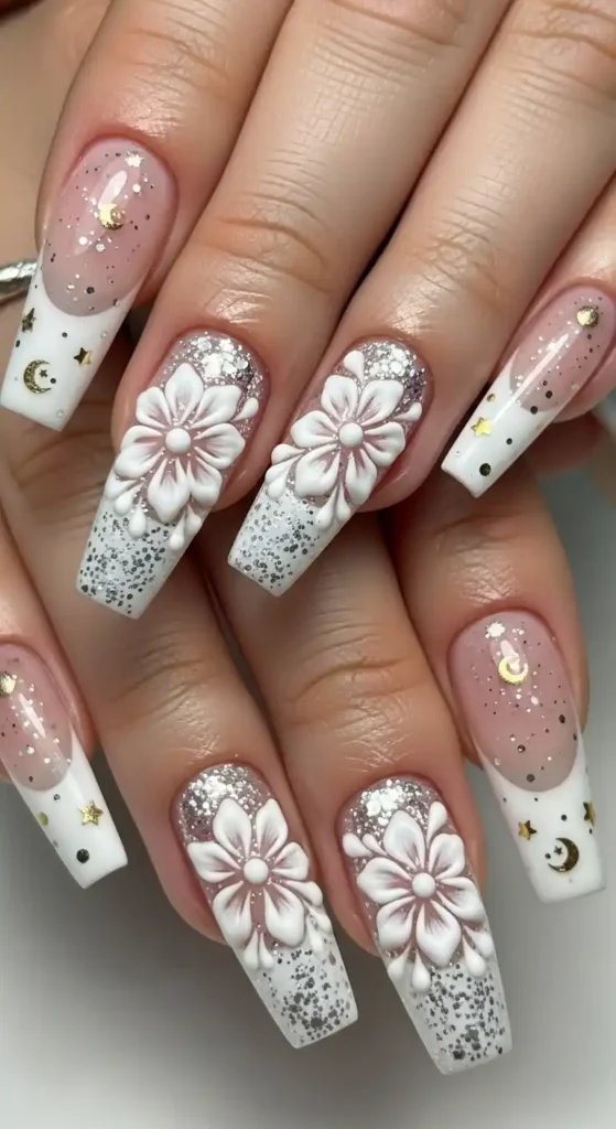 elegant-white-3d-floral-french-nails-with-glitter