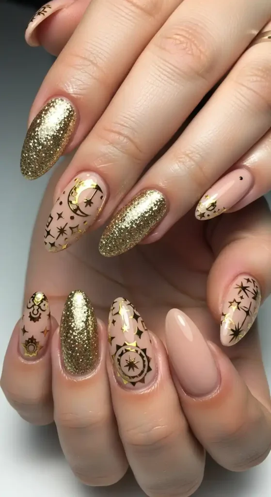 gold-glitter-and-nude-combo-nails