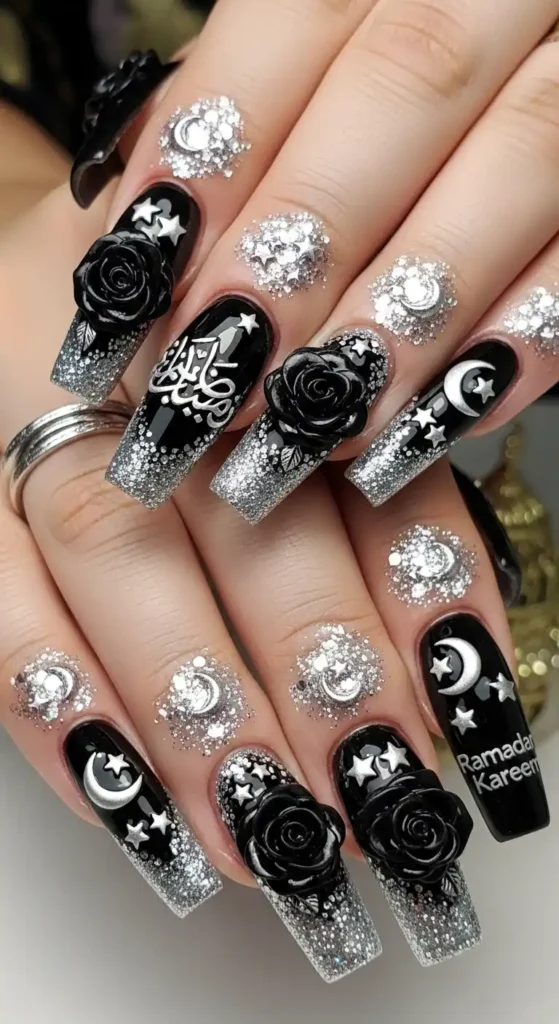 gothic-black-3d-rose-nails-with-silver-glitter