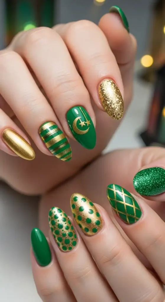 green-and-gold-mismatched-nails