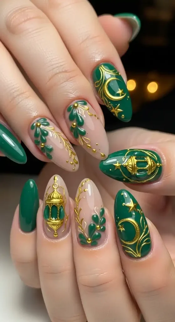 green-and-nude-3d-floral-almond-nails