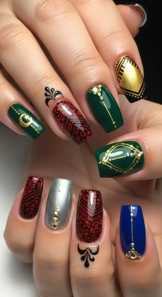 henna-pattern-mixed-nails