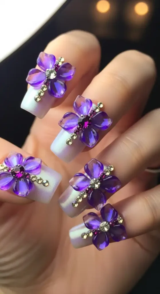 holographic-purple-3d-flower-nails-with-rhinestones