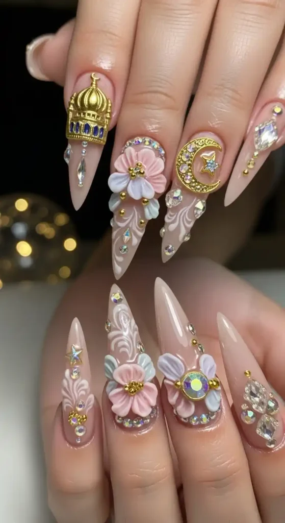 nude-stiletto-nails-with-3d-floral-and-crystal-embellishments