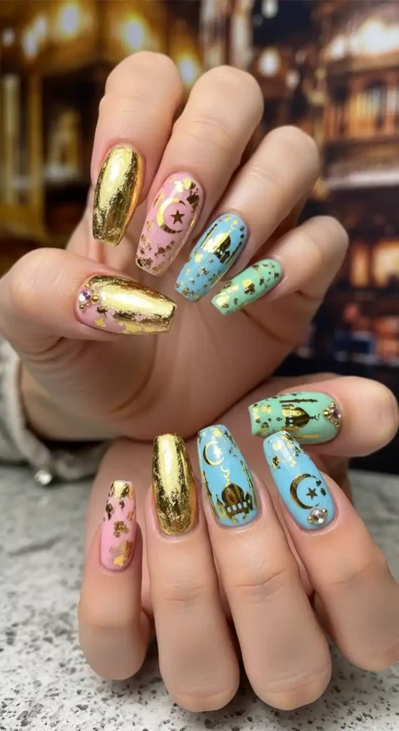pastel-and-gold-foil-nails