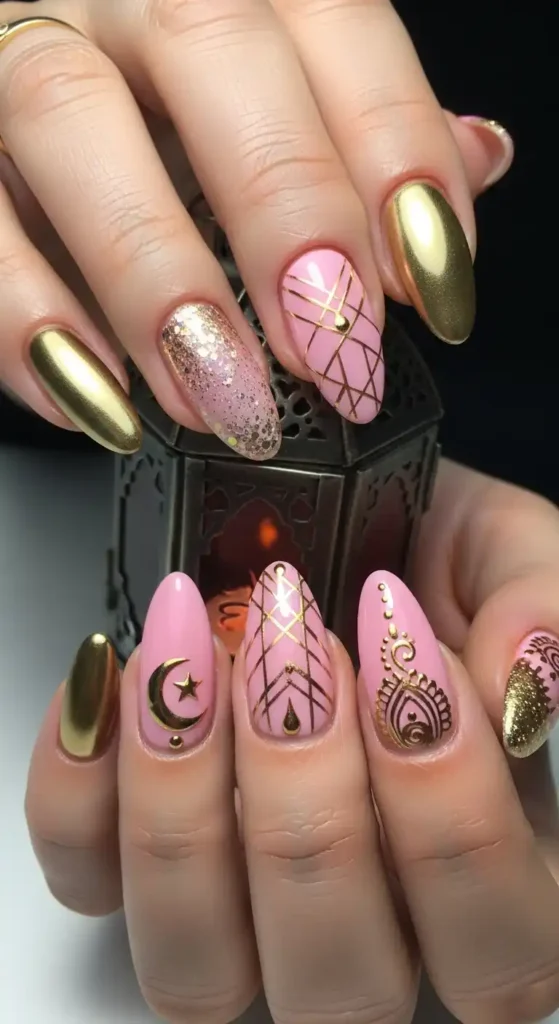 pink-and-gold-mixed-design-nails
