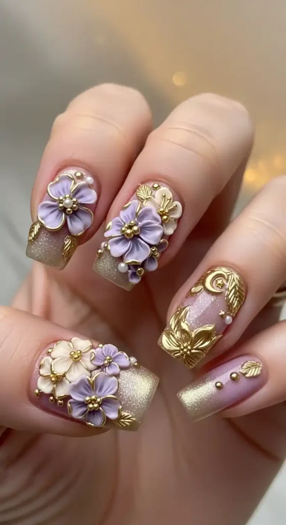 soft-lavender-and-gold-3d-floral-nails