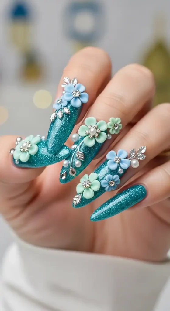 teal-glitter-3d-floral-nails