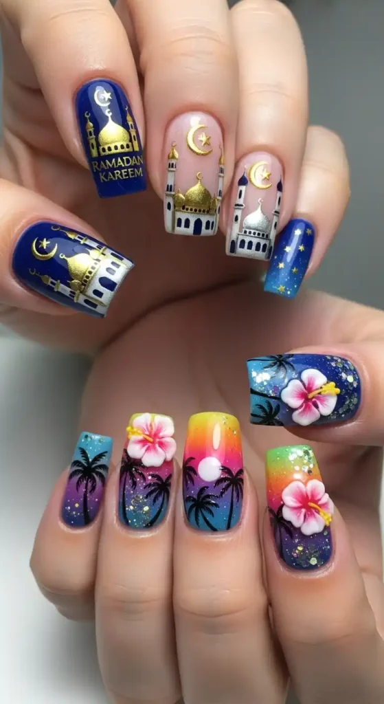 tropical-sunset-3d-floral-nails